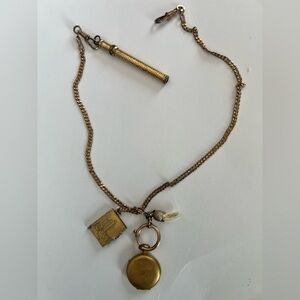 Antique German Watch Chain Am Double Gold Filled W/ Engraved Fob, Pencil, Tooth